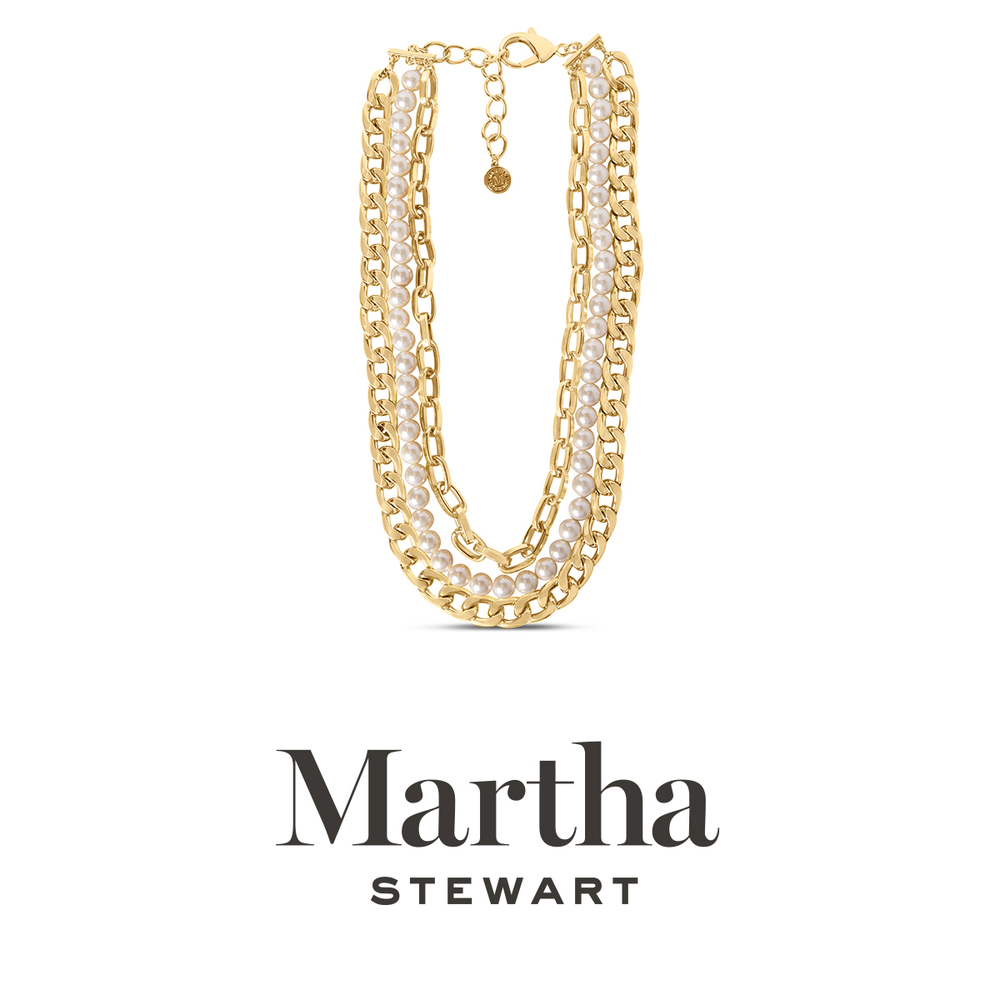 Martha Stewart Three Strand Pearl and Chain Necklace In Gold